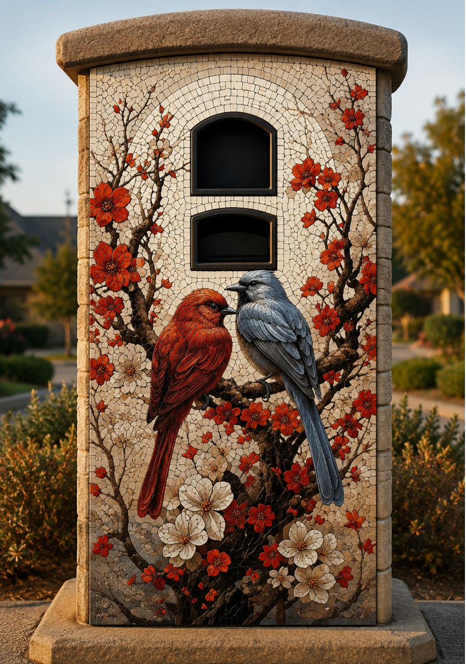 Cardinal and Blue Jay in Winter mosaic mailbox
