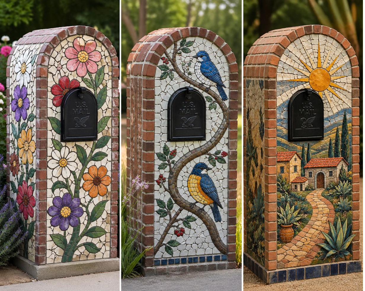 Wildflower Triptych — three mosaic mailbox designs